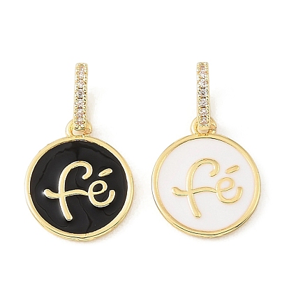 Colgantes de latón con micropavé de circonitas cúbicas transparentes y esmalte, Abalorios planos redondos con la palabra fé, chapado en rack, larga duración plateado, sin plomo y cadmio, real 18 k chapado en oro