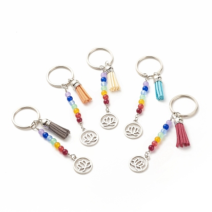 Natural & Dyed Malaysia Jade Keychain, with Faux Suede Tassel & Tibetan Style Filigree Alloy Pendants and Iron Key Rings, Flat Round with Lotus