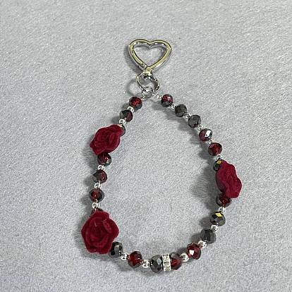 ABS Plastic & Glass Pendant Decorations, Flower, with Alloy Swivel Clasps, Platinum