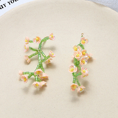Glass Seed Braided Beaded Big Pendant, with Resin Flower Beaded, Flower Charms of Life