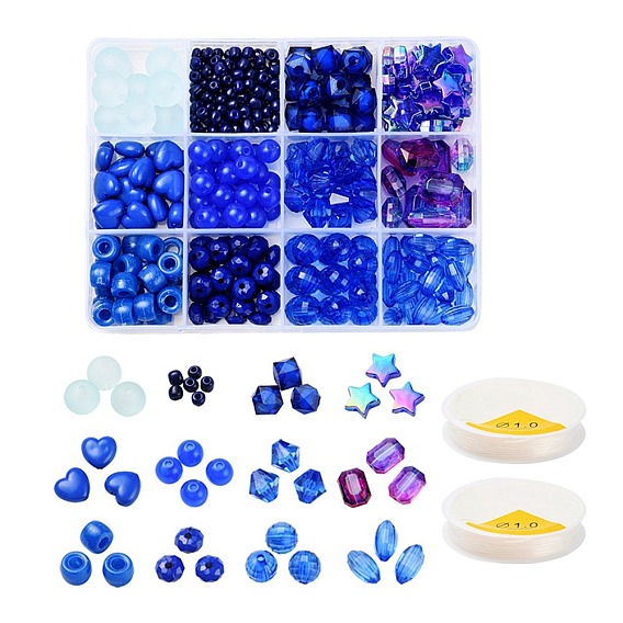 DIY blaue Serie Armband Schmuckherstellungssets, 232Stückzahl herzförmiger und geometrischer Kunststoff- und Acrylperlen, Glasperlen und elastischer Stretchfaden