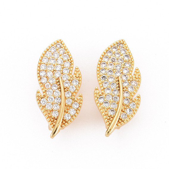 Brass Micro Pave Clear Cubic Zirconia Twister Clasps, Nickel Free, Leaf
