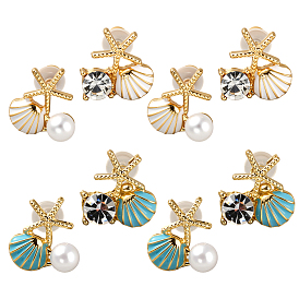 4 пары 2 стили асимметричные серьги со стразами и пластиковым жемчугом, серьги-гвоздики в форме ракушки с эмалированным сплавом в форме морской звезды, с булавками стерлингового серебра, золотые