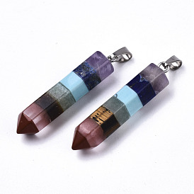 Assembled Gemstone Pendants, Red Jasper & Watermelon Stone & Tiger Eye & Green Aventurine & Synthetic Turquoise & Lapis Lazuli & Amethyst(Random Order), with 304 Stainless Steel Snap On Bails, Cone
