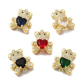 Rack Plating Brass Micro Pave Clear Cubic Zirconia Connector Charms, Bear Links with Glass, Long-Lasting Plated, Cadmium Free & Lead Free, Real 18K Gold Plated
