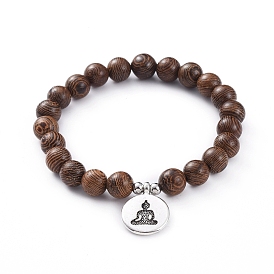Cuentas de madera unisex pulseras con dijes elásticos, con 304 cuentas de acero inoxidable y colgantes de aleación de estilo tibetano, plano y redondo