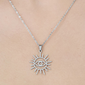 201 Stainless Steel Hollow Sun with Eye Pendant Necklace