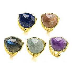 Teardrop Natural Gemstone Open Cuff Rings, Golden Plated Brass Ring for Unisex