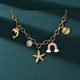 304 Женские кулоны-подвески в виде морских звезд и раковин дельфинов из нержавеющей стали с розовой эмалью, с пластиковыми бусинами из искусственного жемчуга, ионное покрытие (ip)