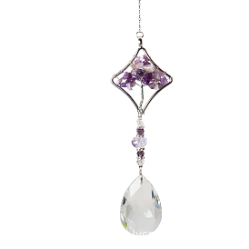 K9 Crystal Glass Big Pendant Decorations, Hanging Sun Catchers, with Amethyst Chip Beads, Rhombus with Tree of Life