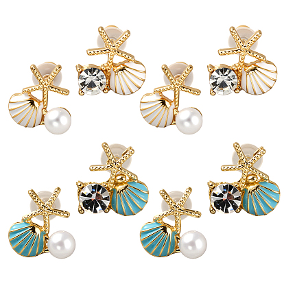4 пары 2 стили асимметричные серьги со стразами и пластиковым жемчугом, серьги-гвоздики в форме ракушки с эмалированным сплавом в форме морской звезды, с булавками стерлингового серебра, золотые