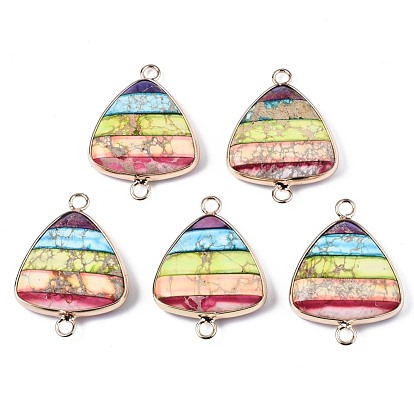 Rainbow Color Natural Imperial Jasper Link Connectors, with Light Gold Plated Brass Edge and Loop, Dyed, Triangle