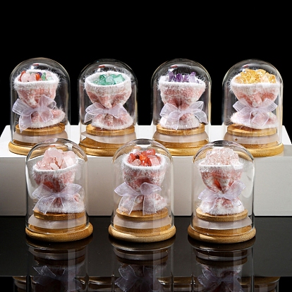 Bouquet Natural Gemstone Chip Ornaments, Glass & Wood Bell Jars Base Statues for Home Desktop Feng Shui Decoration