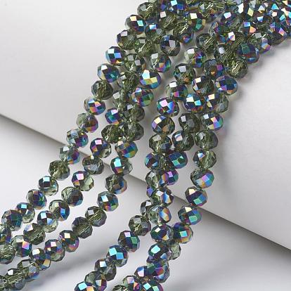 Electroplate Transparent Glass Beads Strands, Half Multi-color Plated, Faceted, Rondelle