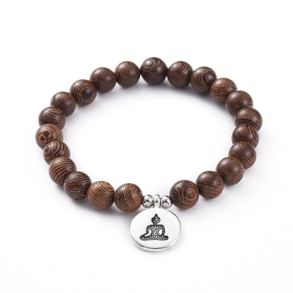 Cuentas de madera unisex pulseras con dijes elásticos, con 304 cuentas de acero inoxidable y colgantes de aleación de estilo tibetano, plano y redondo