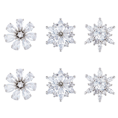 6Pcs 3 Style 1-Hole Brass Cubic Zirconia Buttons, Flower