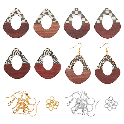 Earring Making Kits, Including Resin & Walnut Wood Pendants, Brass Earring Hooks, Brass Jump Rings, Teardrop
