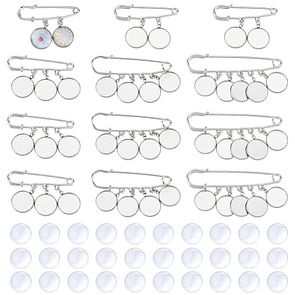 Стальные броши, с 304 подвеской из нержавеющей стали и стеклянными кабошонами, плоско-круглые