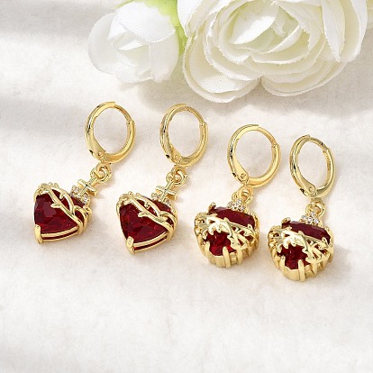 Серьги-кольца из латуни с микропаве из кубического циркония в форме сердца, со стеклом, долговечный, без кадмия и без свинца