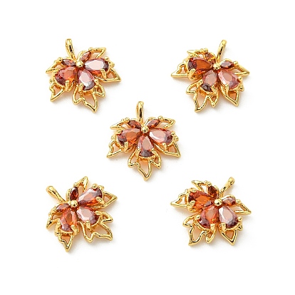 SHEGRACE Brass Cubic Zirconia Charms, Maple Leaf Charms, Cadmium Free & Lead Free & Nickel Free, Orange