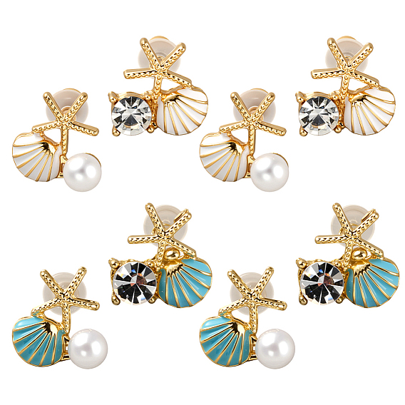 4 пары 2 стили асимметричные серьги со стразами и пластиковым жемчугом, серьги-гвоздики в форме ракушки с эмалированным сплавом в форме морской звезды, с булавками стерлингового серебра, золотые
