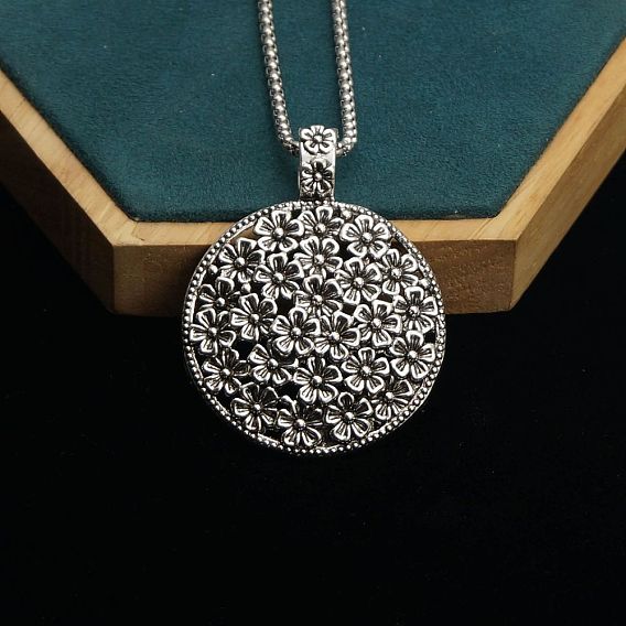 Плоские круглые с рельефным цветком ожерелья из сплава с подвеской для женщин