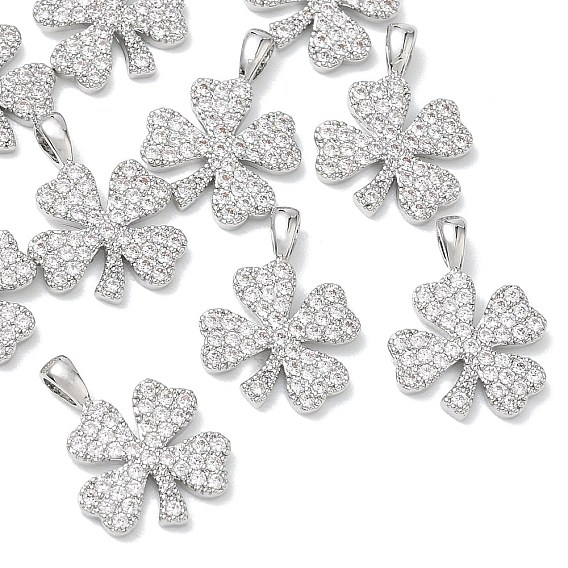 SHEGRACE Brass Clear Cubic Zirconia Pendants, Four Leaf Clover Charms, Cadmium Free & Lead Free & Nickel Free