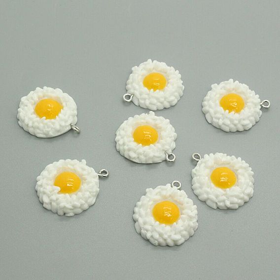 Opaque Resin Pendants, with Platinum Tone Iron Loops, Fried Egg Shape
