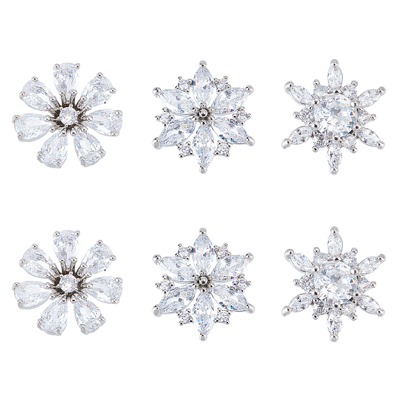 6Pcs 3 Style 1-Hole Brass Cubic Zirconia Buttons, Flower