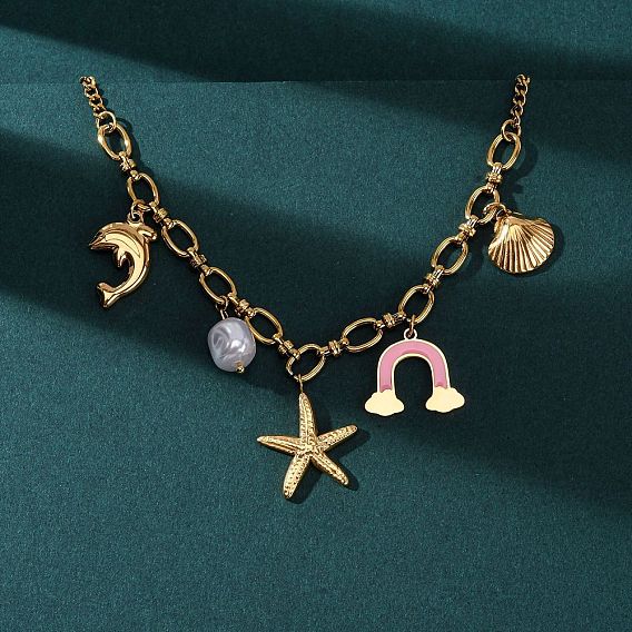 304 Женские кулоны-подвески в виде морских звезд и раковин дельфинов из нержавеющей стали с розовой эмалью, с пластиковыми бусинами из искусственного жемчуга, ионное покрытие (ip)