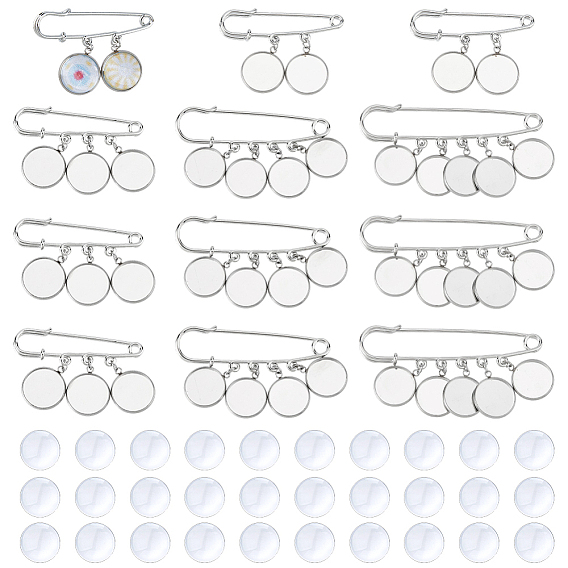 Broches en acier, avec 304 pendentif en acier inoxydable et cabochons en verre, plat rond