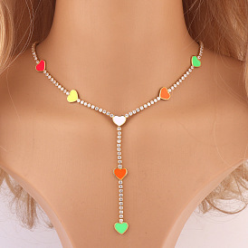 Colorful Crystal Heart Oil Drop Zircon Necklace Rainbow Diamond Claw Chain Women's Jewelry