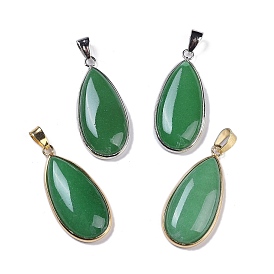 Natural Green Aventurine Pendants, Teardrop Charms, with Brass Findings