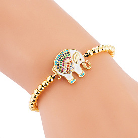 Colorful Elephant Bracelet with Copper Micro-inlaid Zircon and Beaded Weave Pull Cord Jewelry