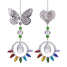 Heart & Butterfly Metal Hanging Ornaments, Octagon Teardrop Glass Charm Suncatchers for Garden Outdoor Decorations
