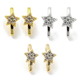 Rack Plating Brass Micro Pave Clear Cubic Zirconia Connector Charms, Long-Lasting Plated, Lead Free & Cadmium Free, Oval with Star