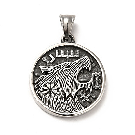 304 Stainless Steel Pendants, Flat Round with Wolf