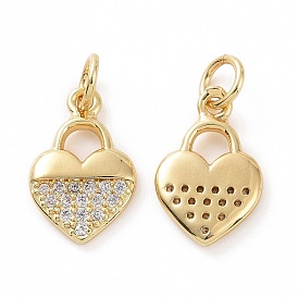 Brass Micro Pave Cubic Zirconia Charms, Real 18K Gold Plated, with Jump Ring, Heart Lock