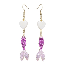 Glass & Shell Dangle Earrings, Fish & Heart 304 Stainless Steel Dangle Earrings for Women, Golden