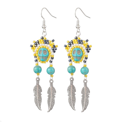 Железная болтающаяся серьга, со стеклом и синтетической бирюзой, череп