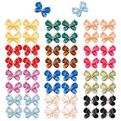 48Pcs 12 Colors Light Gold Alloy Pendants, with Resin, Butterfly
