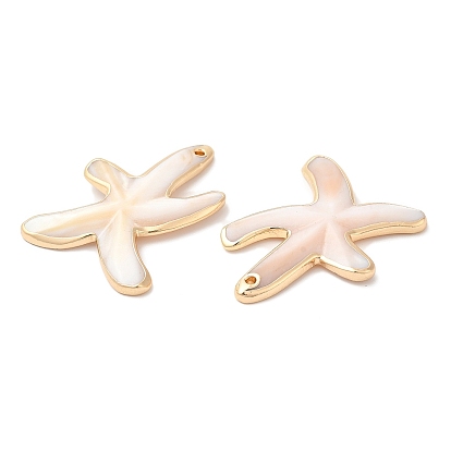 Natural Freshwater Shell Pendants, Golden Plated Brass Edged Starfish Charms