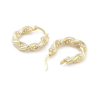Brass Hoop Earrings, with Plastic Pearl, Long-Lasting Plated, Lead Free & Cadmium Free