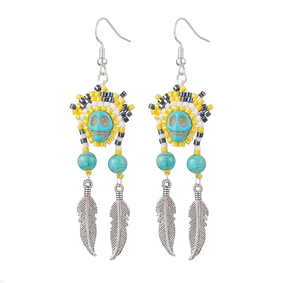 Железная болтающаяся серьга, со стеклом и синтетической бирюзой, череп