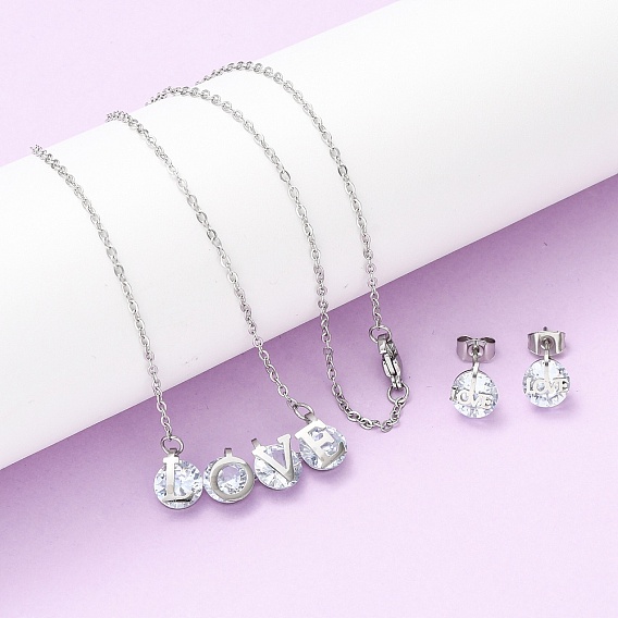 304 подвески и серьги-гвоздики из нержавеющей стали с кубическим цирконием для женщин, Слово любовь