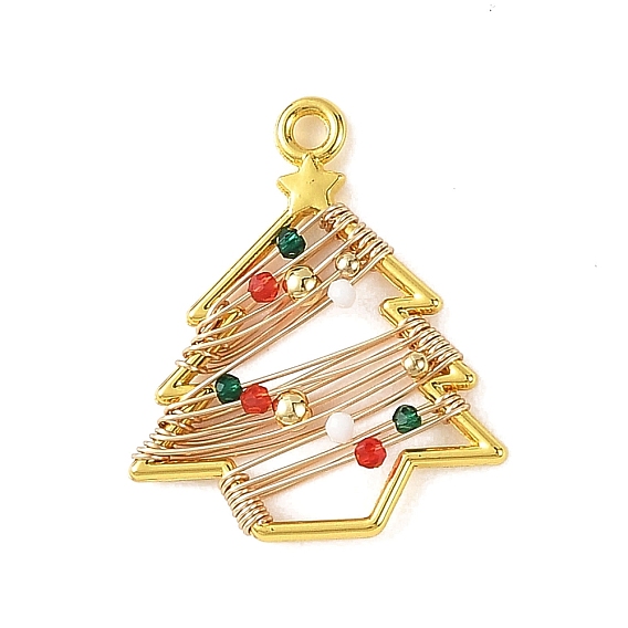 Christmas Zinc Alloy & Glass Beads Pendants, Christmas Tree Charms, with Copper Wire, Faceted