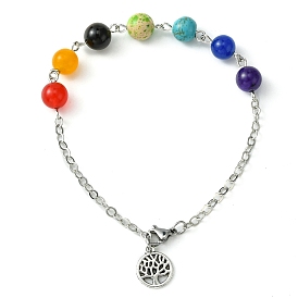 Tree of Life Alloy Charm Bracelets, Chakra Natural & Synthetic Mixed Stone Brass Cable Chains Bracelets for Women