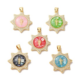 Rack Plating Brass Cubic Zirconia Pendants, with Enamel & Shell, Long-Lasting Plated, Lead Free & Cadmium Free, Real 18K Gold Plated, Sun with Virgin Mary