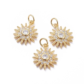 Brass Micro Pave Cubic Zirconia Pendants, with Jump Rings, Long-Lasting Plated, Flower