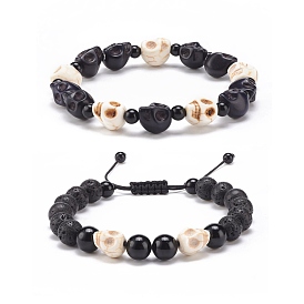 2Pcs 2 Style Natural & Synthetic Mixed Gemstone Skull Braided Bead Bracelets Set, Halloween Adjustable Bracelets for Women